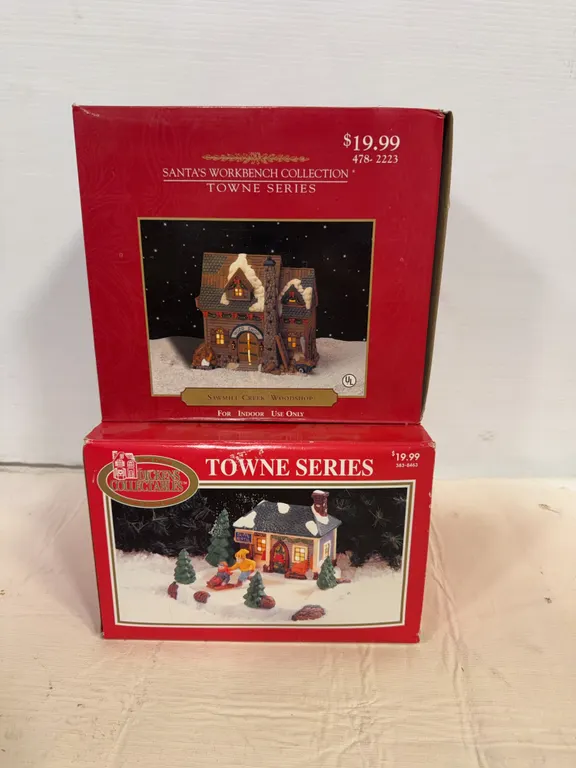 Santa’s Workbench & Dickens Collectables Lighted Christmas Village Buildings