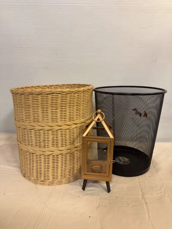 Wicker Basket, Mesh Wastebasket & Decorative Lantern