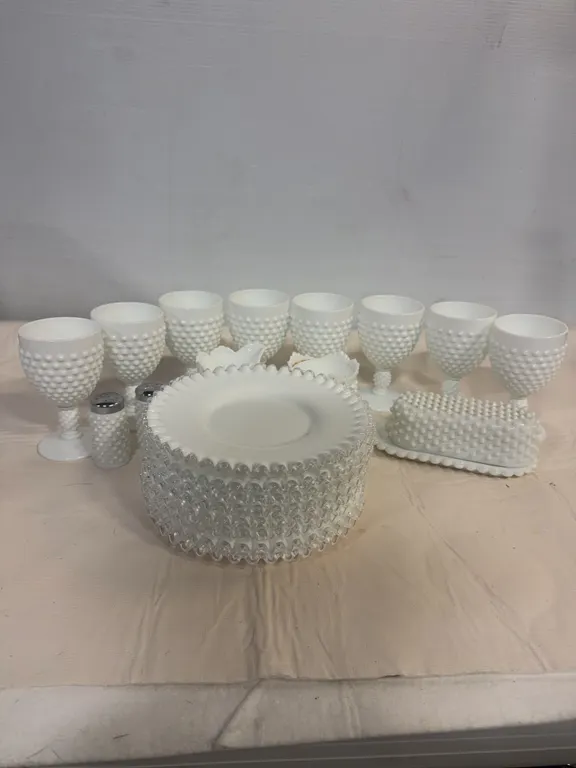 Vintage Milk Glass Hobnail Goblets & Serving Pieces
