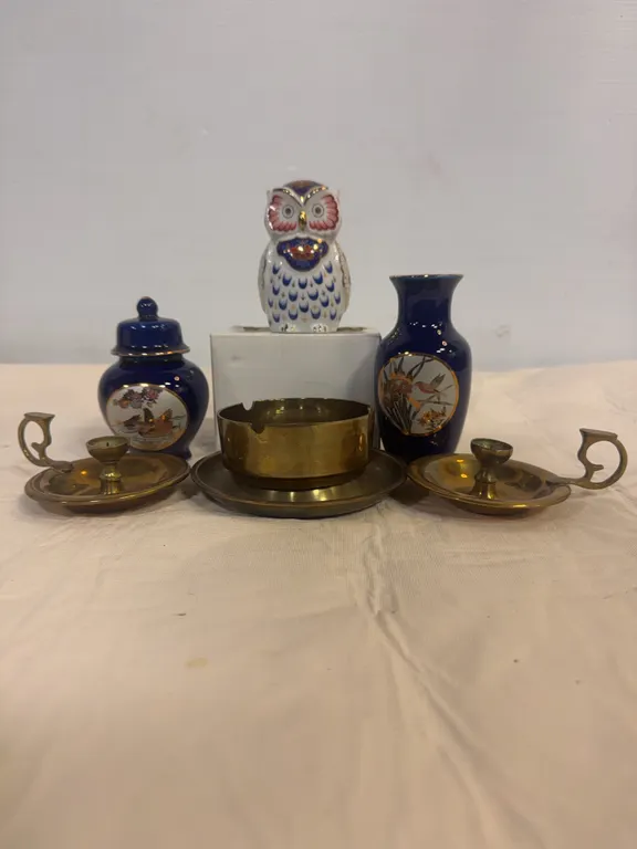 Cobalt Blue Porcelain, Brass Candleholders & Owl Figurine