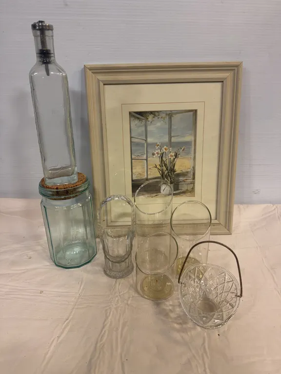 Vintage Glassware, Bottles, Baskets & Framed Coastal Art