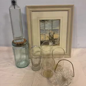 Vintage Glassware, Bottles, Baskets & Framed Coastal Art