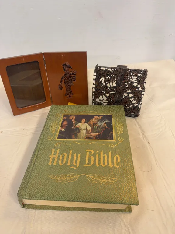 Vintage Holy Bible with Asian Carved Wood Décor