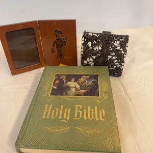 Vintage Holy Bible with Asian Carved Wood Décor
