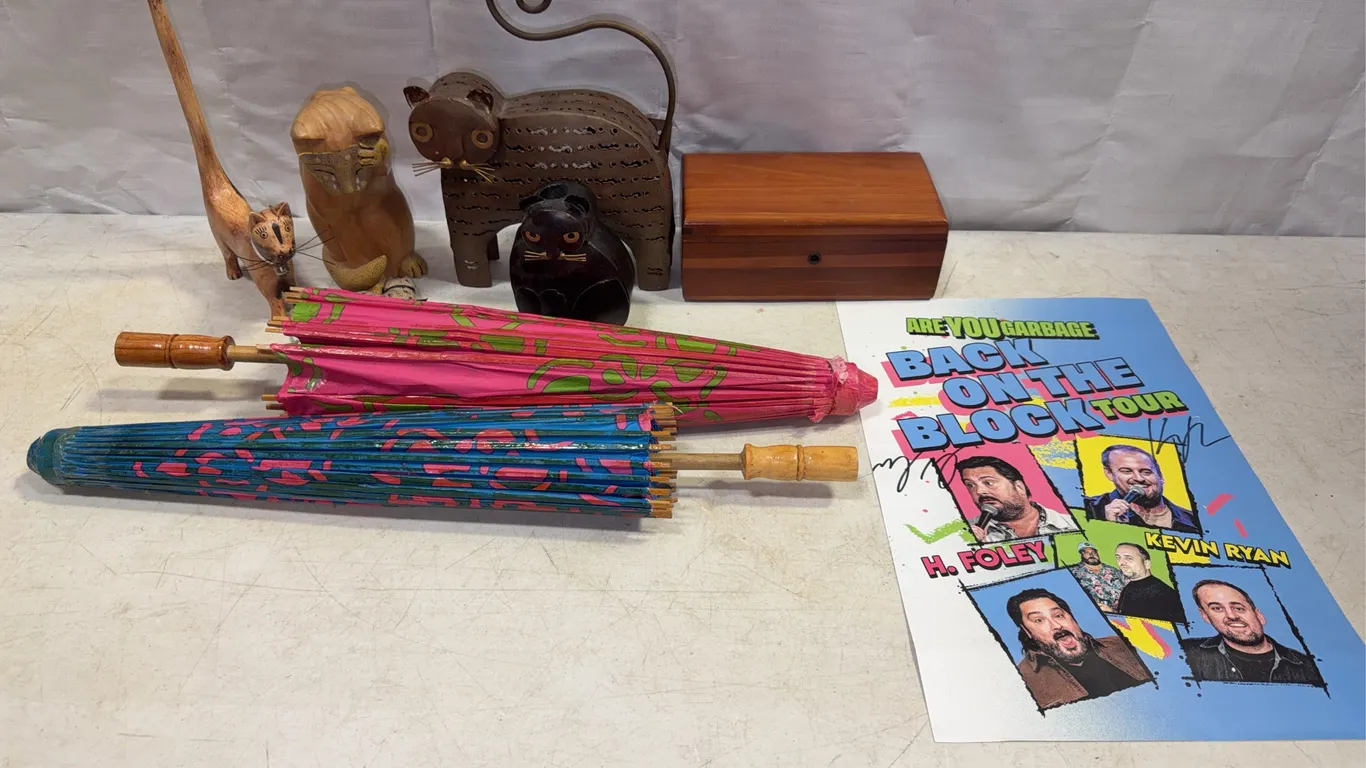 Folk Art Cat Figurines, Vintage Umbrellas & Signed Comedy Tour Poster