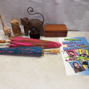 Folk Art Cat Figurines, Vintage Umbrellas & Signed Comedy Tour Poster