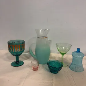 Vintage-Style Colorful Glassware & Frosted Blue Pitcher