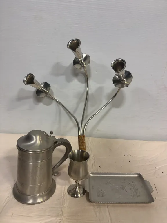 Pewter & Metal Tavern Ware with Three-Arm Candleholder