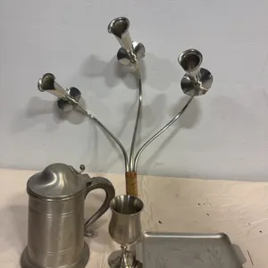 Pewter & Metal Tavern Ware with Three-Arm Candleholder