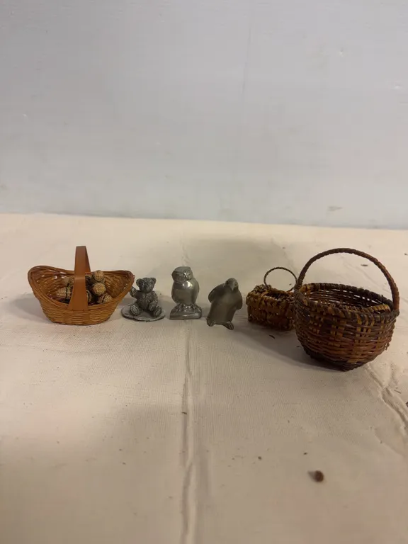 Miniature Woven Baskets & Metal Animal Figurines