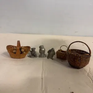 Miniature Woven Baskets & Metal Animal Figurines
