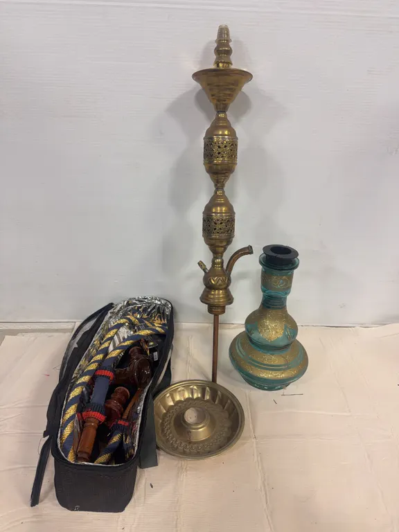 Hookah with Brass-Tone & Aqua Glass Components