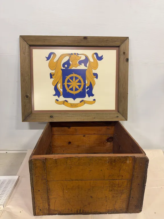 Vintage Wooden Crate & Framed Bever Family Coat of Arms