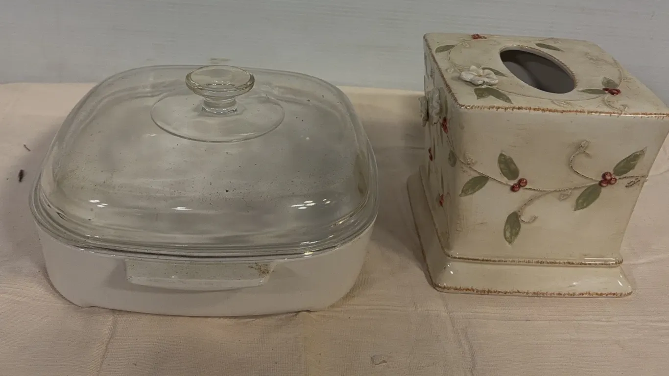 Vintage CorningWare White Casserole Dish with Glass Lid & Ceramic Tissue Box
