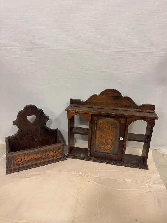 Vintage Wooden Wall Cabinet & Primitive Wall Pocket