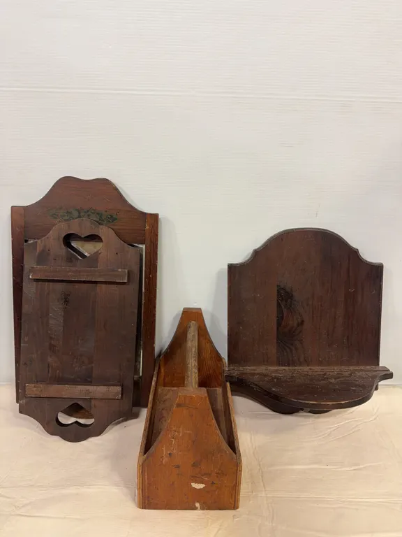 Vintage Primitive Wooden Wall Shelves & Storage Caddy