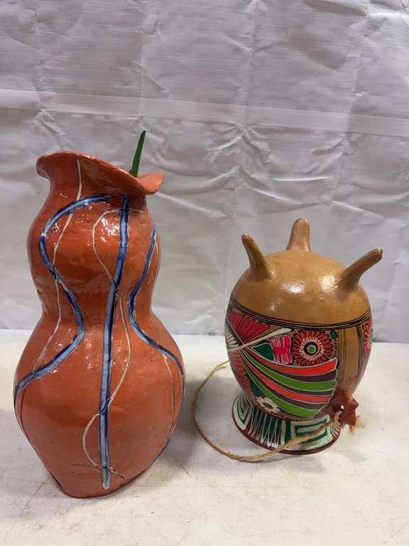 Mexican Folk Art Pottery Vase & Painted Vessel