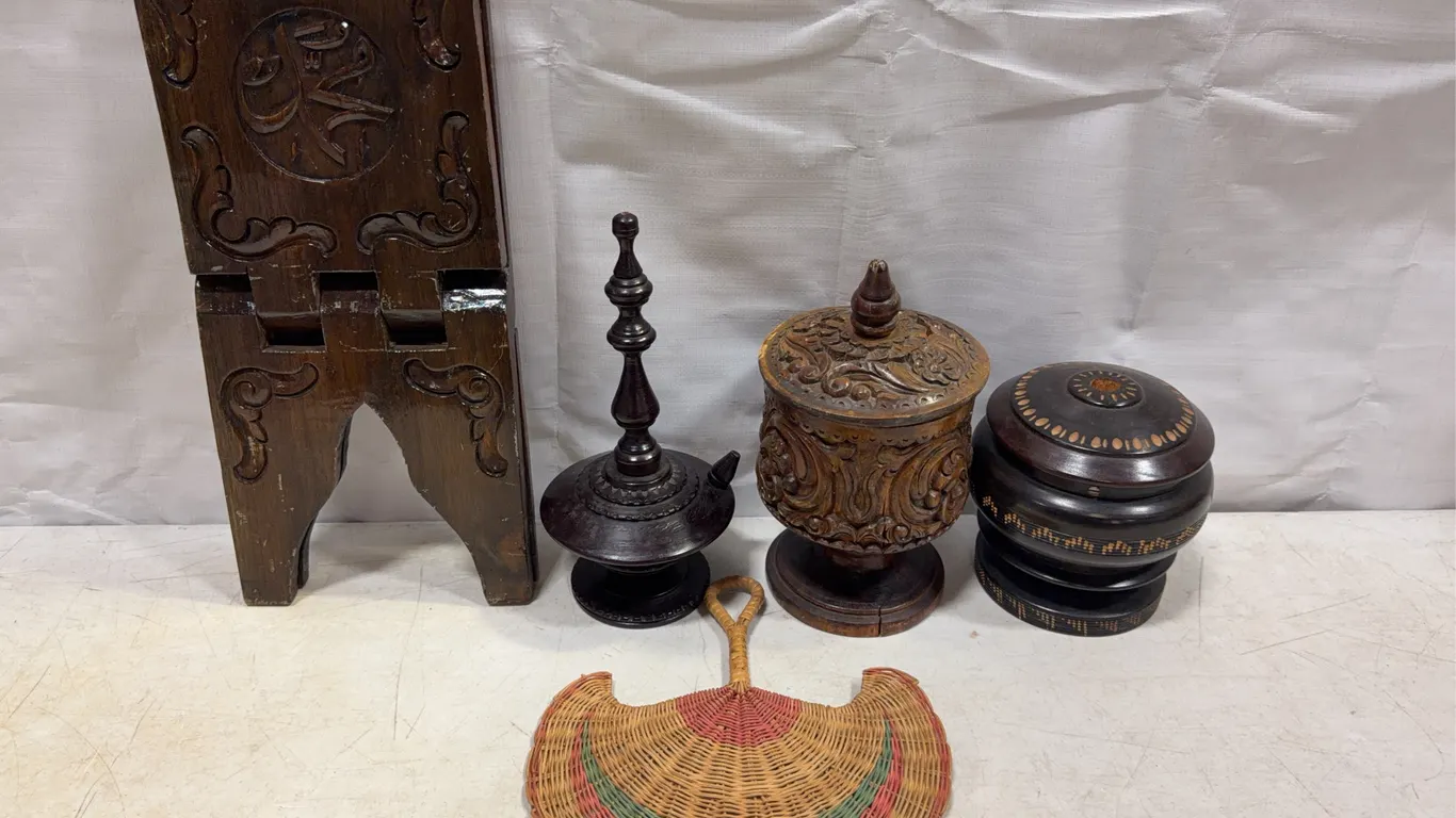 Vintage Carved Wood Decorative Boxes, Islamic Calligraphy Stand & Woven Fan