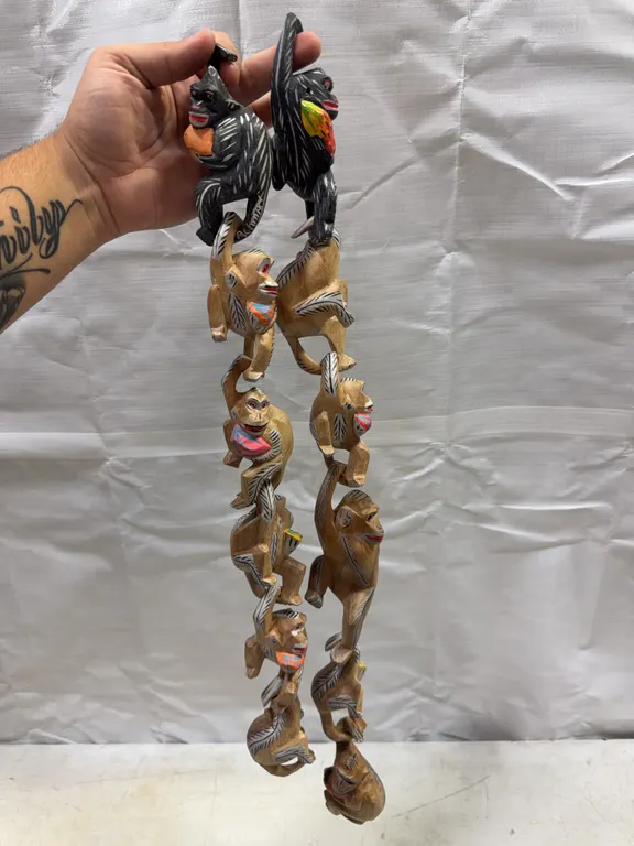 Hand-Carved Wooden Monkey Chain Folk Art Sculpture