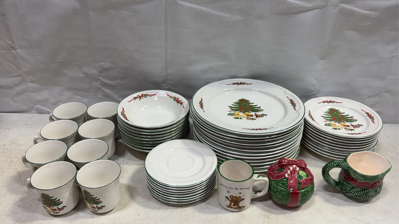 Christmas Tree Holiday Dinnerware Set with Plates, Bowls & Mugs