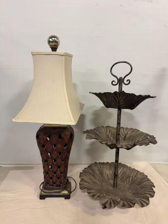 Woven Basket Table Lamp & Three-Tier Metal Leaf Serving Stand