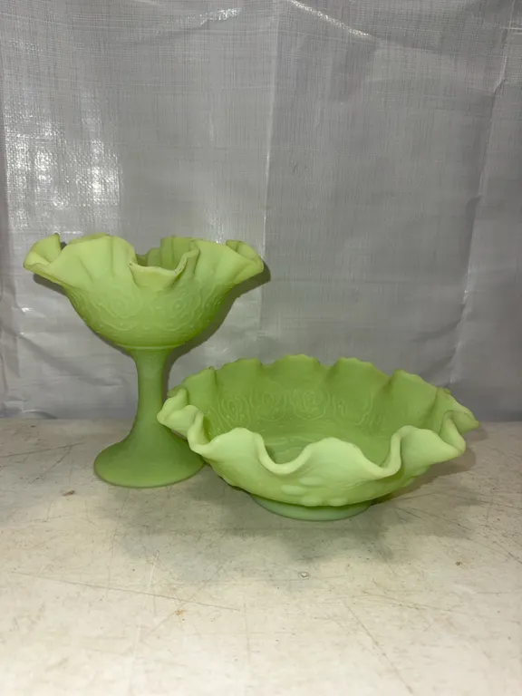 Vintage Fenton Lime Sherbet Satin Uranium Glass Persian Medallion Compote & Bowl