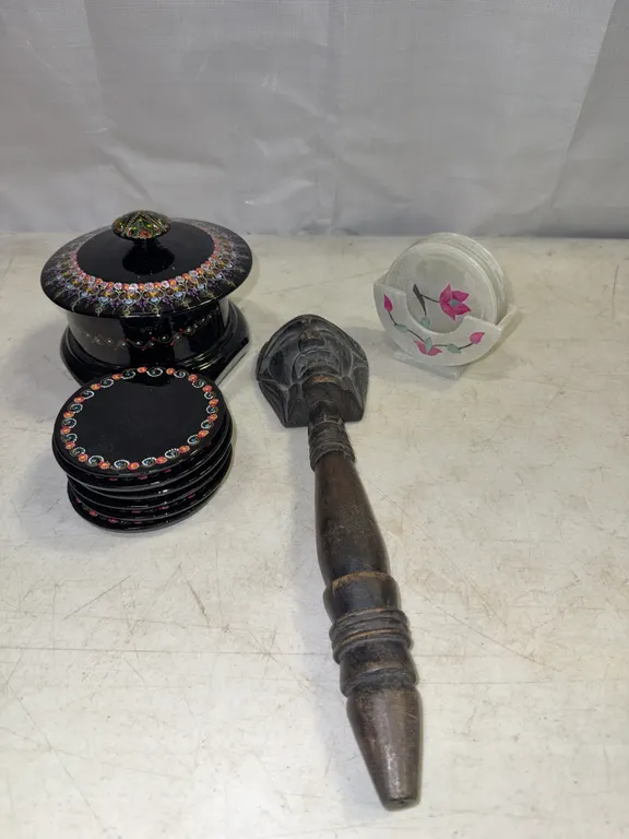 Hand-Painted Indian Lacquerware, Marble Coasters & Vintage Wooden Tool