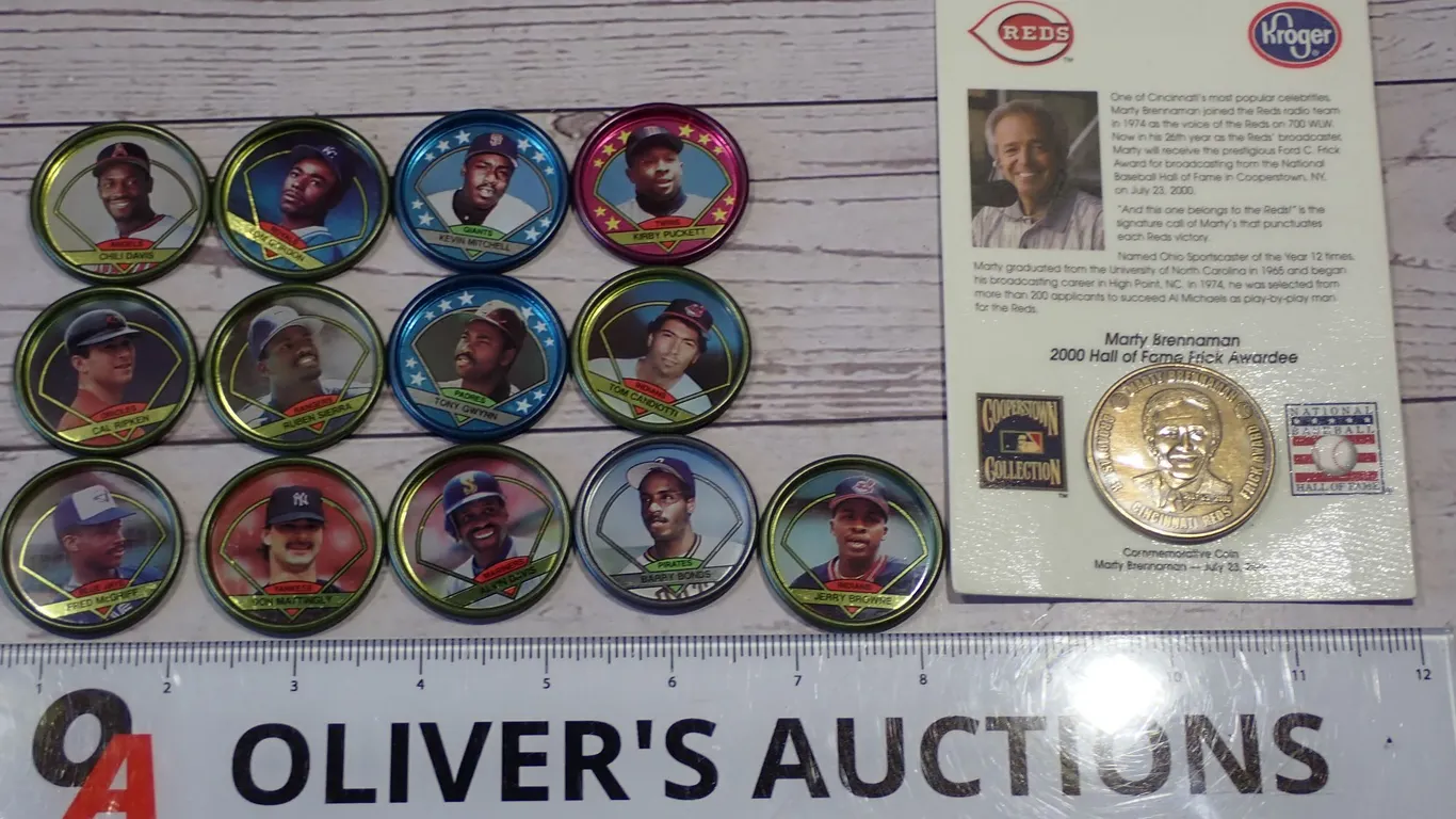 1990 Topps Baseball Coins (13) & 2000 Kroger Marty Brennaman Coin Card Lot