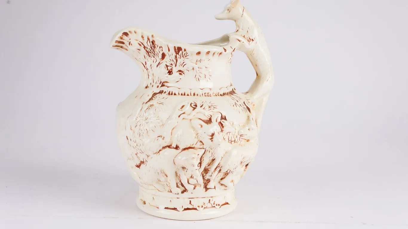 Vintage Ceramic Pitcher with Hunting Scene Motif - Signed "E. Kline"