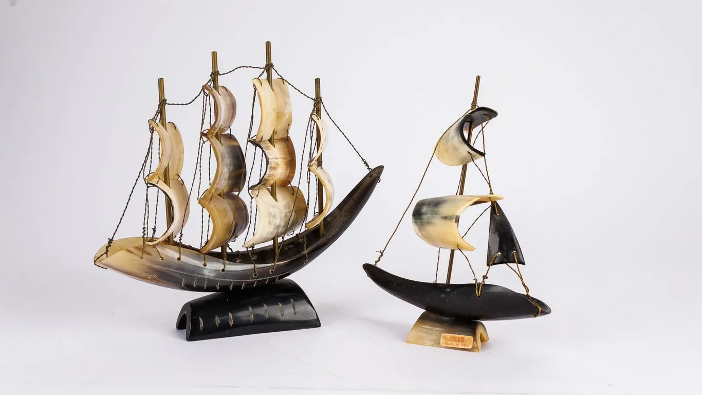 2 Vintage Carved Horn Ship Sculptures