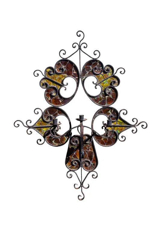 Vintage Wrought Iron Mosaic Glass Wall Sconce