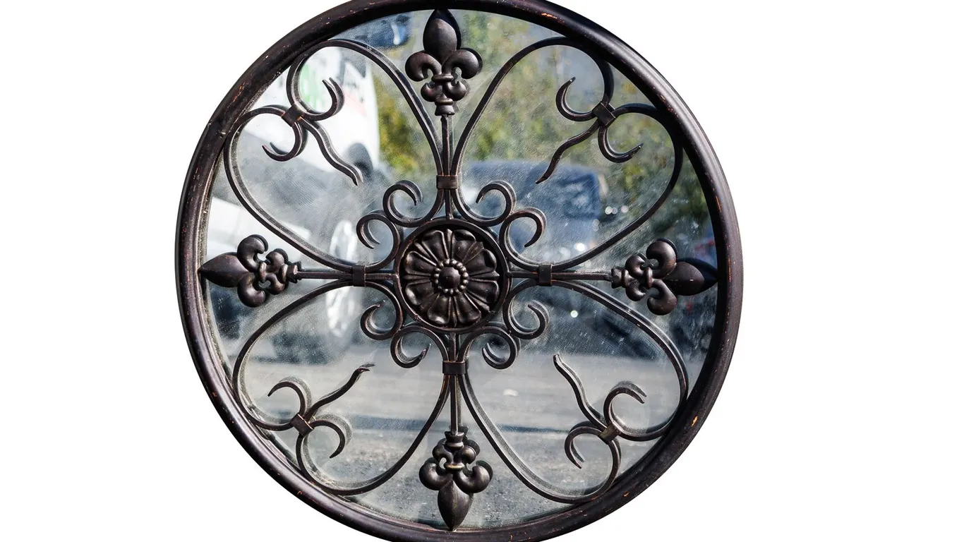 Vintage Round Mirror with Wrought Iron Scrollwork Overlay