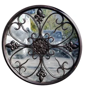 Vintage Round Mirror with Wrought Iron Scrollwork Overlay