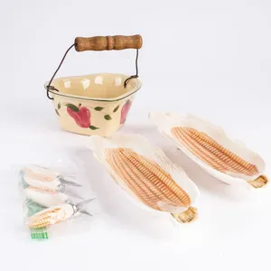 Three Vintage Summer Fun Pottery Items.  An Alpine Pottery Floral Berry Bowl, & A Set of Corn On The