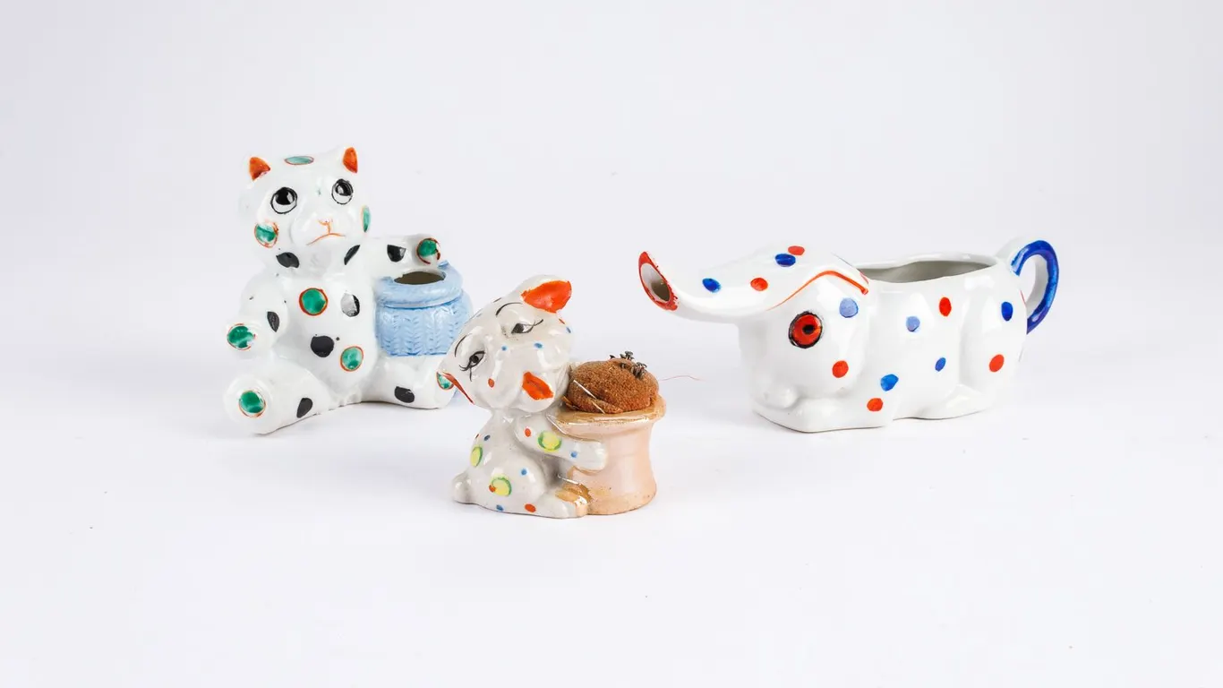 A Grouping of Three Vintage Ceramic Polka-Dot Figurines. A Pitcher, Toothpick Holder & A Pin Cushio