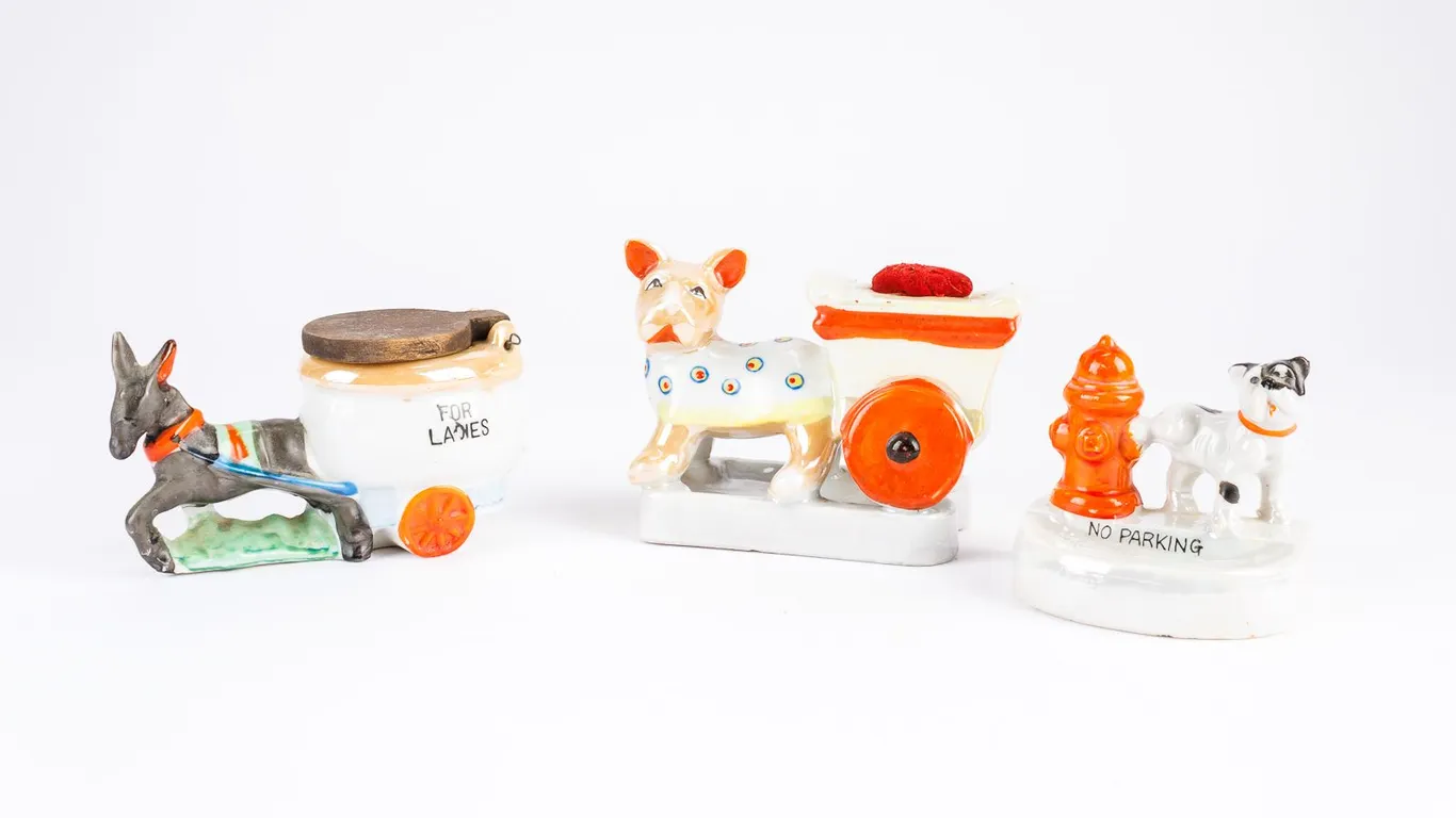 A Grouping of Vintage Unique Lusterware Ashtrays and Pin Cushion Piece!