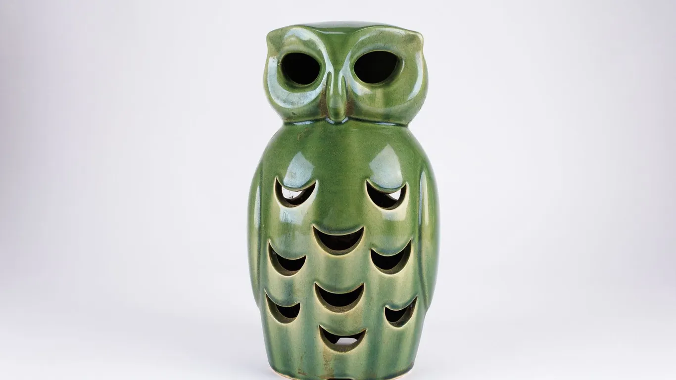 Vintage Olive Green Ceramic Owl Lantern