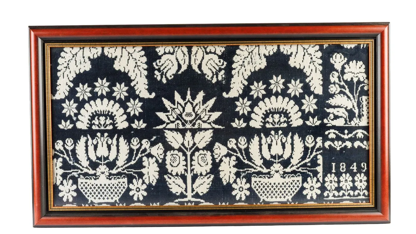 1849 Framed Antique Blue and White Coverlet