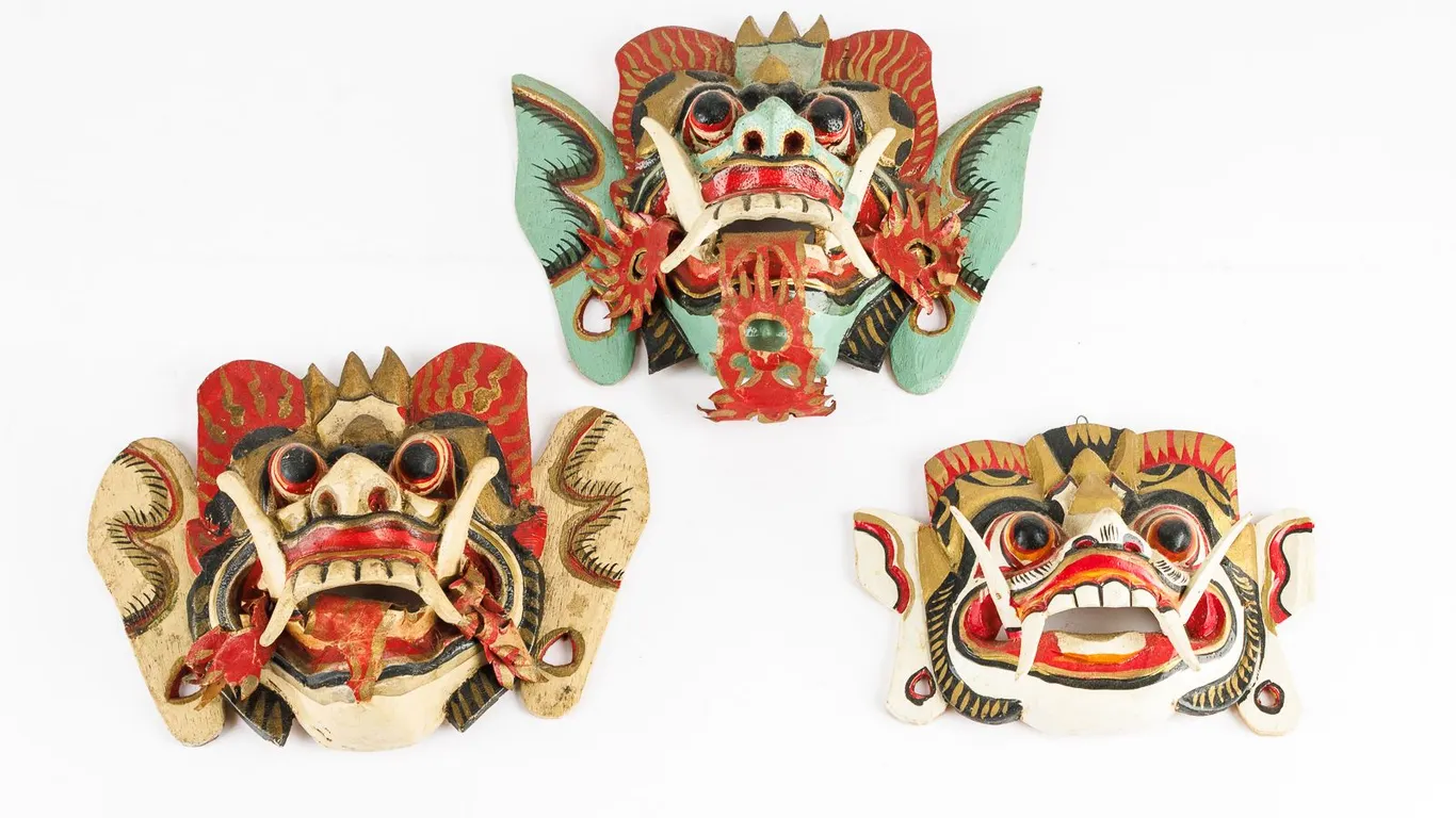 Vintage Balinese Hand-Carved & Hand-Painted Wooden Barong / Rangda Wall Masks
