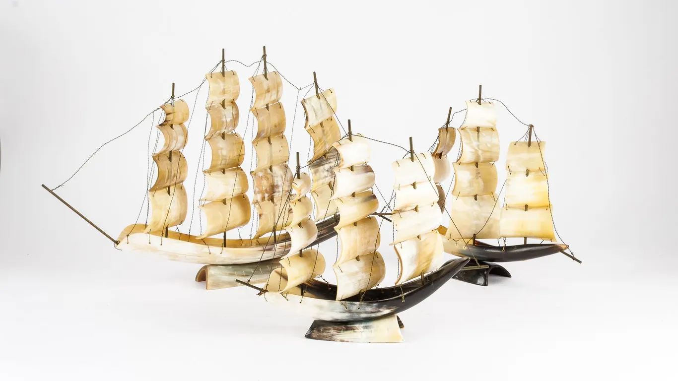 3 Vintage Carved Horn Ship Sculptures