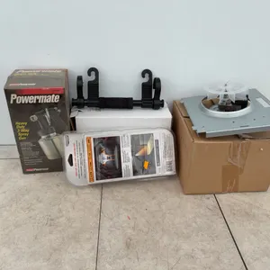 Unused powermate three-way paint spray gun, pair of head rest hangers, a new bath fan, cargo light