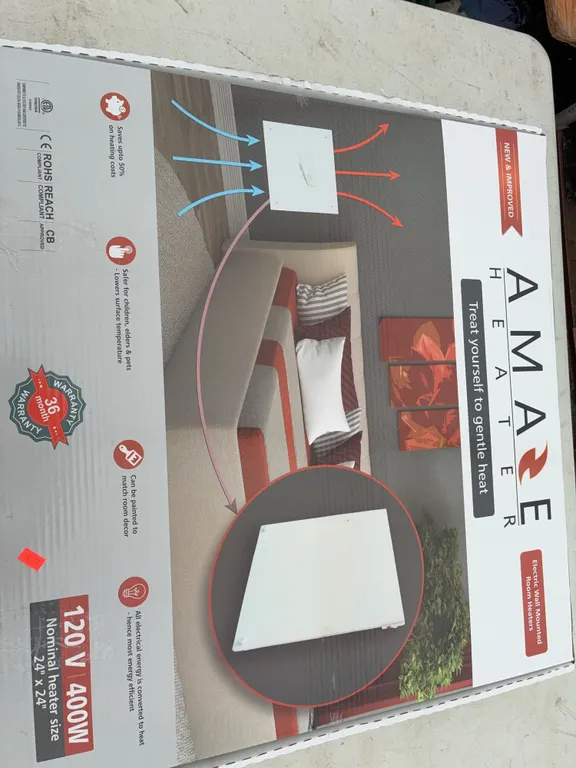 AMAZE heater electric wall mounted 120 V 400 W measures 24 x 24 