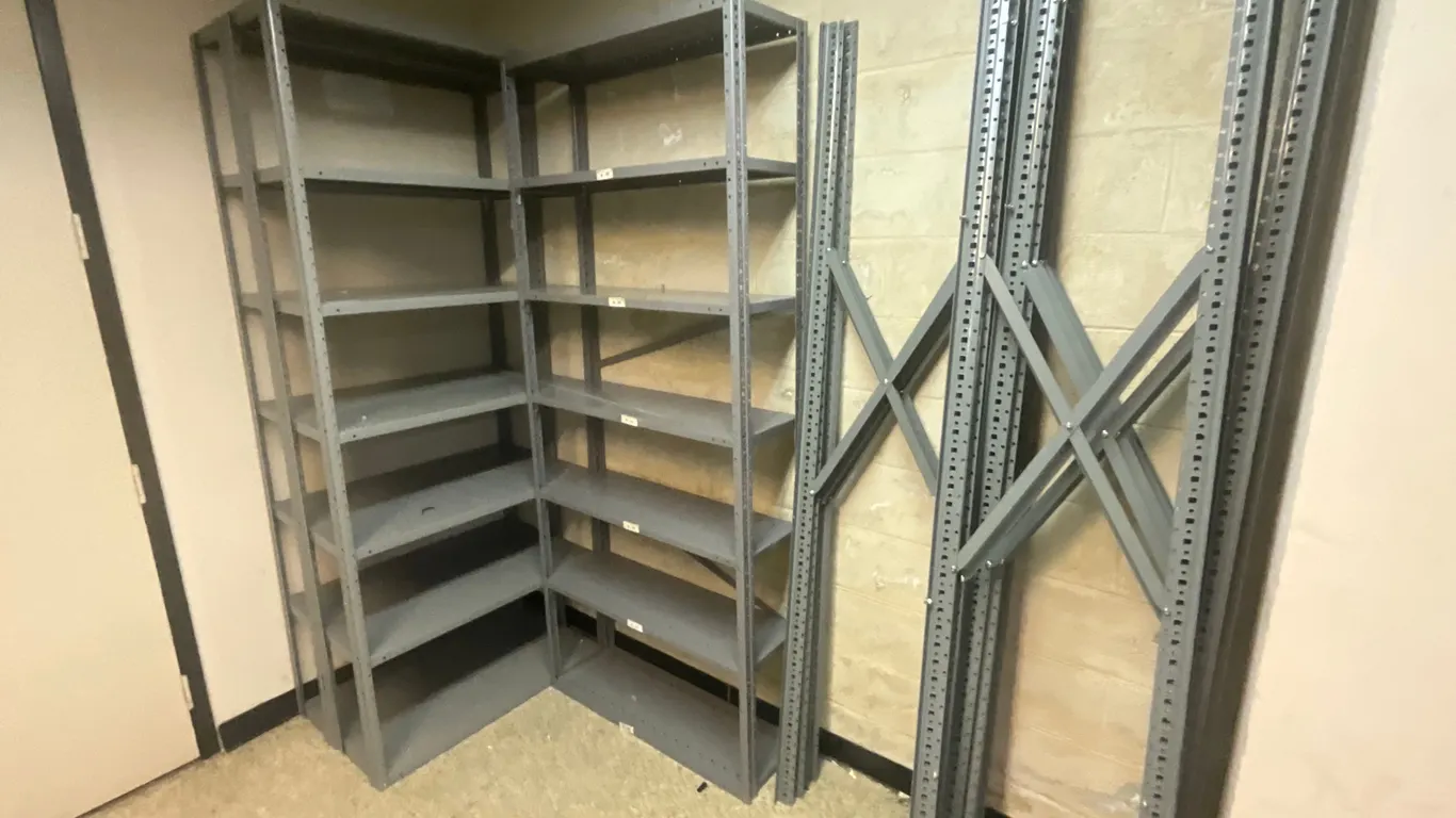 QTY OF (3) ASSEMBLED METAL STORAGE RACKS, (10) DISASSEMBLED