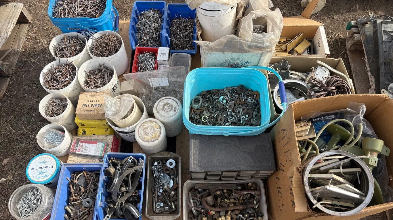 Large Collection of Nails, Nuts, Bolts and Tools