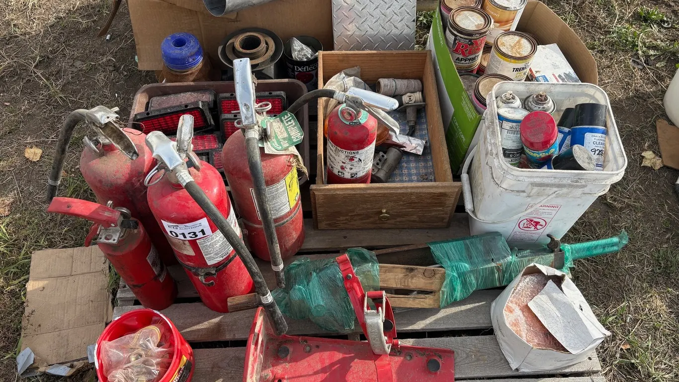 Collection of Classic Car parts, Painting Supplies and Fire Extinguishers