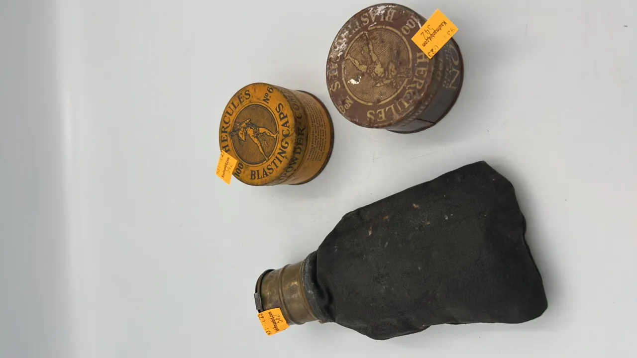 (2) Vintage Blasting Cap Tins, Vintage Carbide Bottle