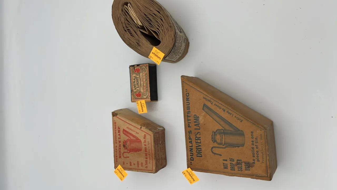 Dunlap Mining Oil Wick Cap Lamp in Box, Empty Lamp Box, Wooden Matches, Blasting Tubing