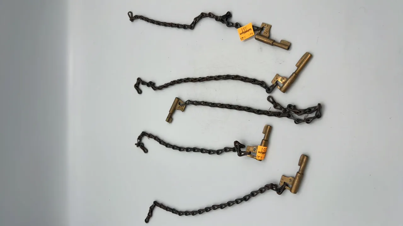 (5) Brass Pocket Door Keys on Chains