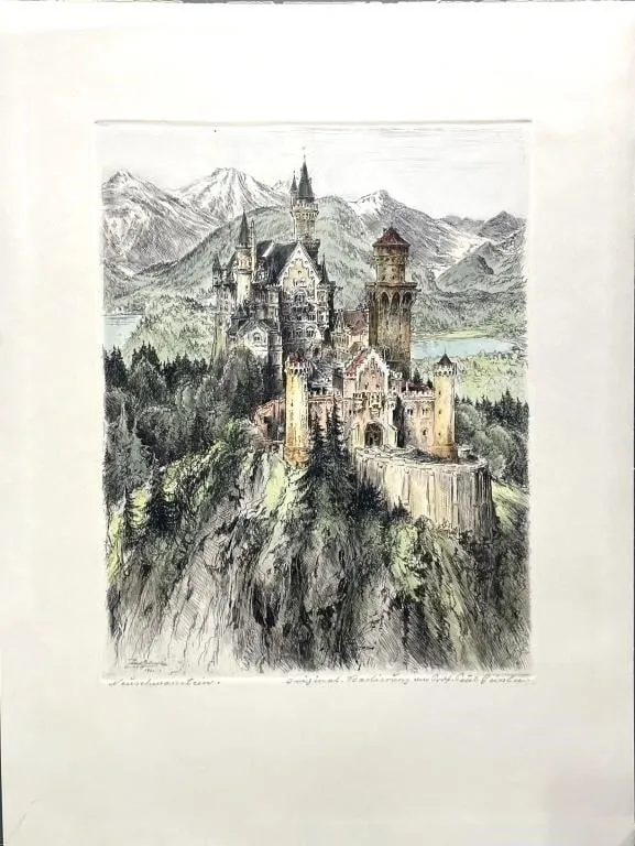 PAUL GEISSLER "NEUSCHWANSTEIN" 1921 ETCHING