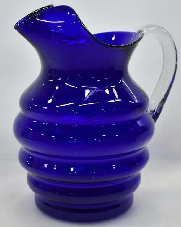 LOUIE GLASS COMPANY COBALT BLUE RIBBED PITCHER